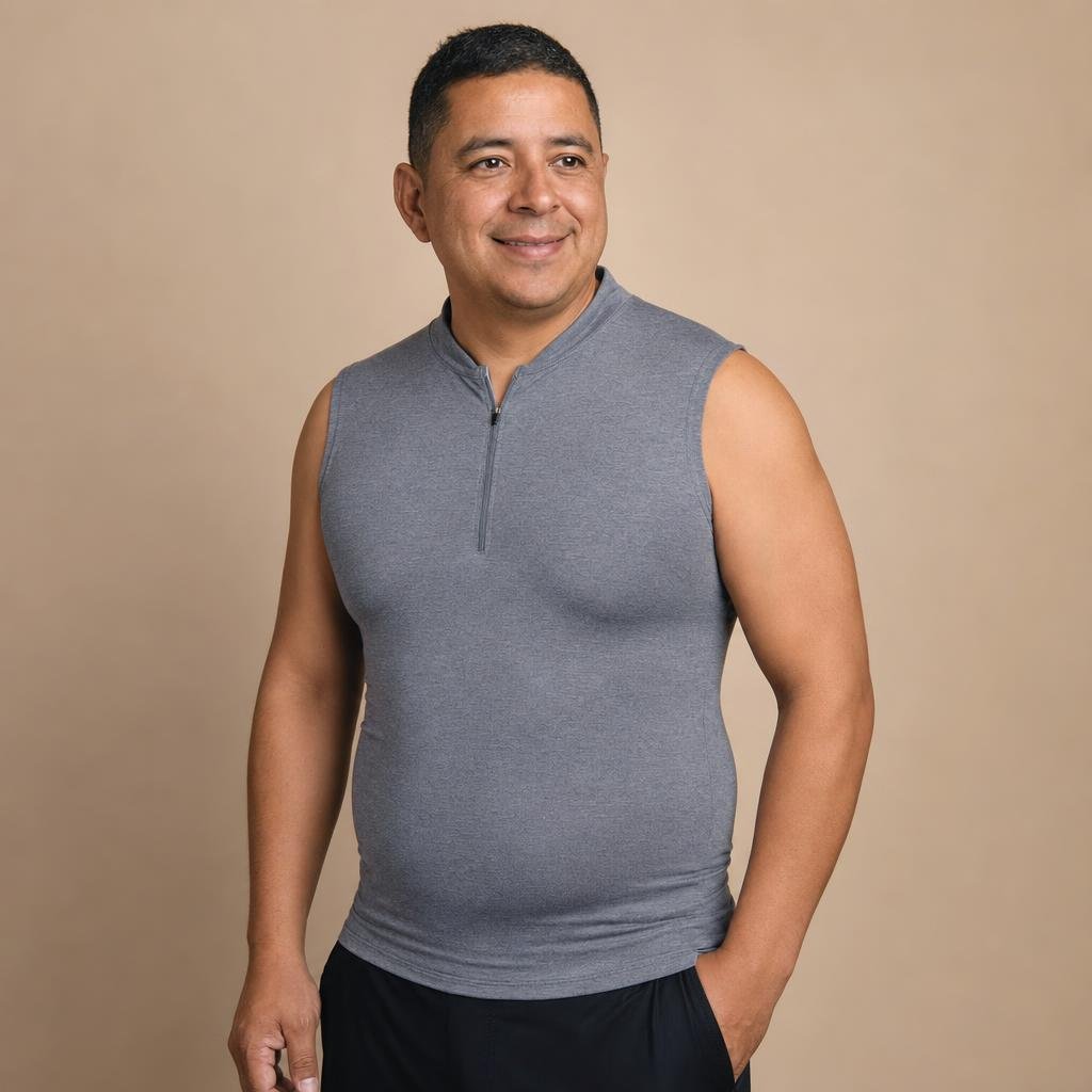 Hombre usando la playera de compresión gris, silueta disimulada